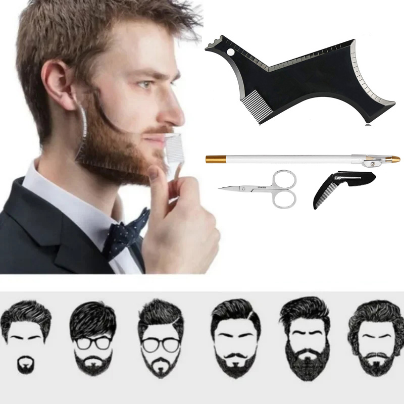 Beard Trimmer - ชุดอุปกรณ์จัดแต่งทรงเครา 4 ชิ้น ชุดแม่แบบเส้นผมหลายแบบ หวีเครา ดินสอ