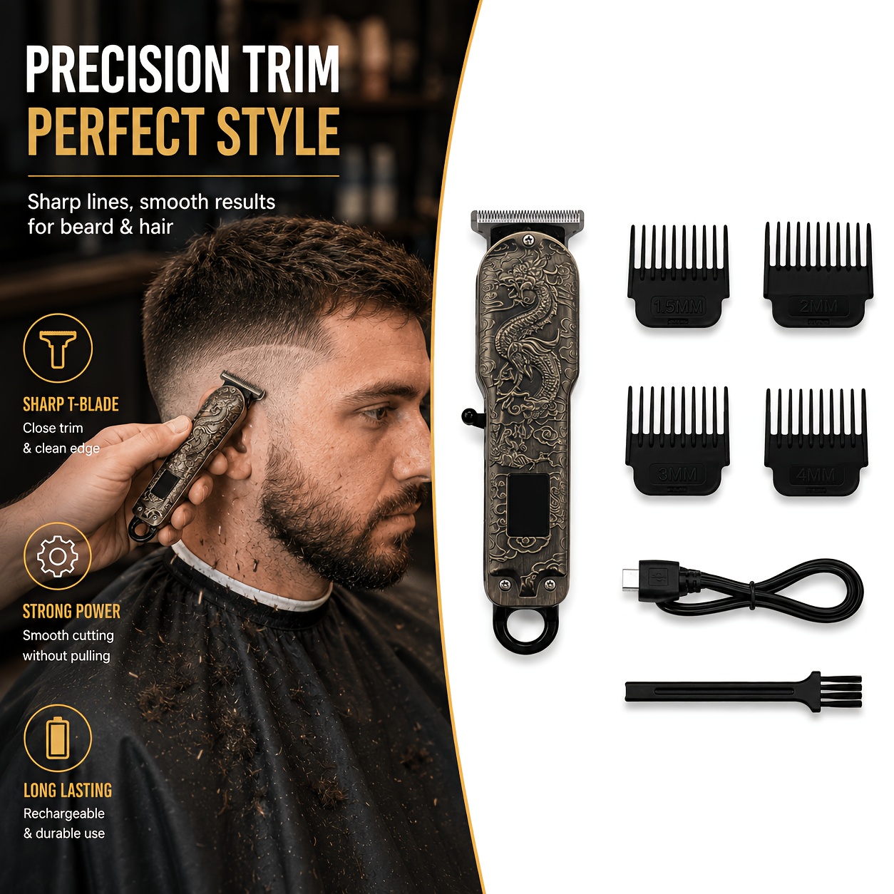 Body Trimmer - ปัตตาเลี่ยนไฟฟ้าชาร์จเร็วแบบ Type-C พร้อมจอแสดงผลพลังงานดิจิทัลอัจฉริยะ มาพร้อมหวีรองตัด 4 ขนาด