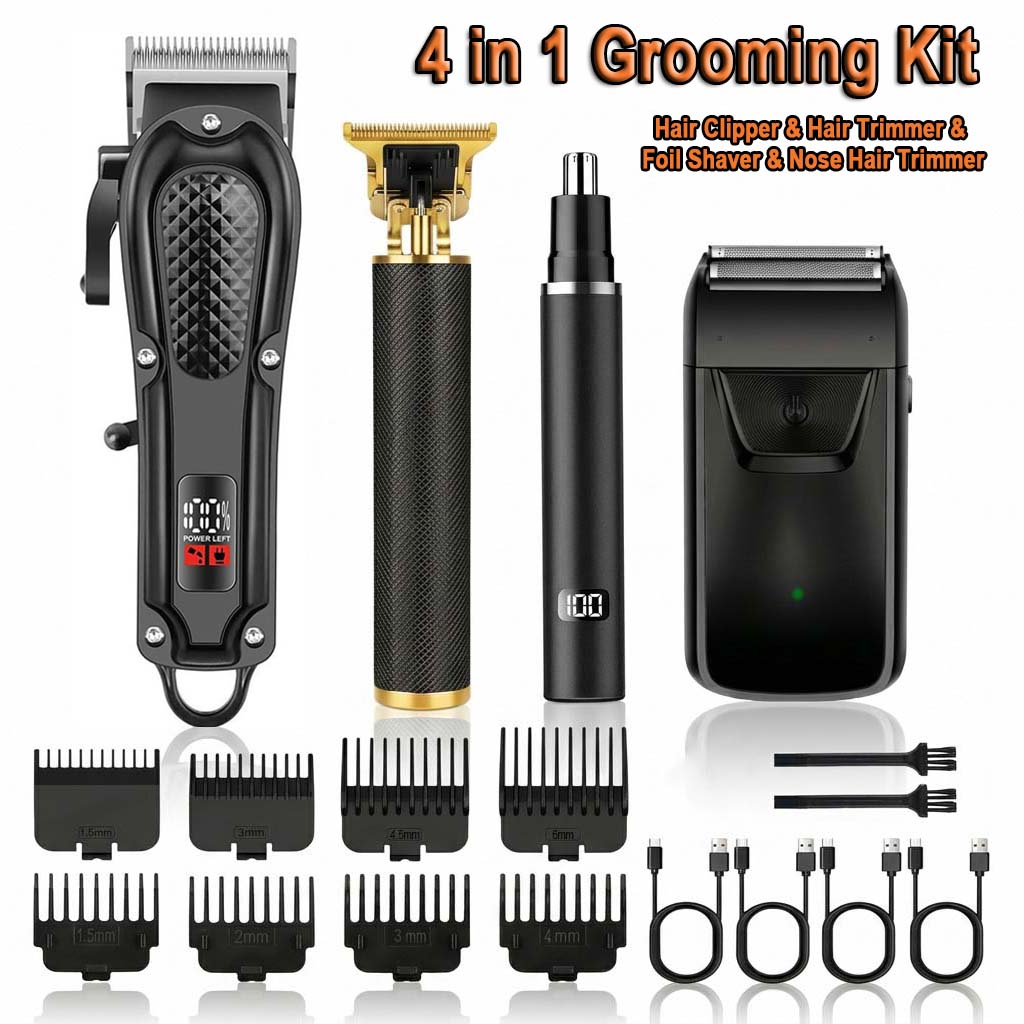 Grooming Kit - ชุดอุปกรณ์ตัดแต่งทรงผมสำหรับผู้ชายแบบ 4-in-1 ประกอบด้วยเครื่องตัดผมไฟฟ้าแบบไร้สาย, เครื่องโกนหนวดแบบฟอยล์, ชุดอุปกรณ์ตัดขนจมูก, เครื่องตัดหนวด,