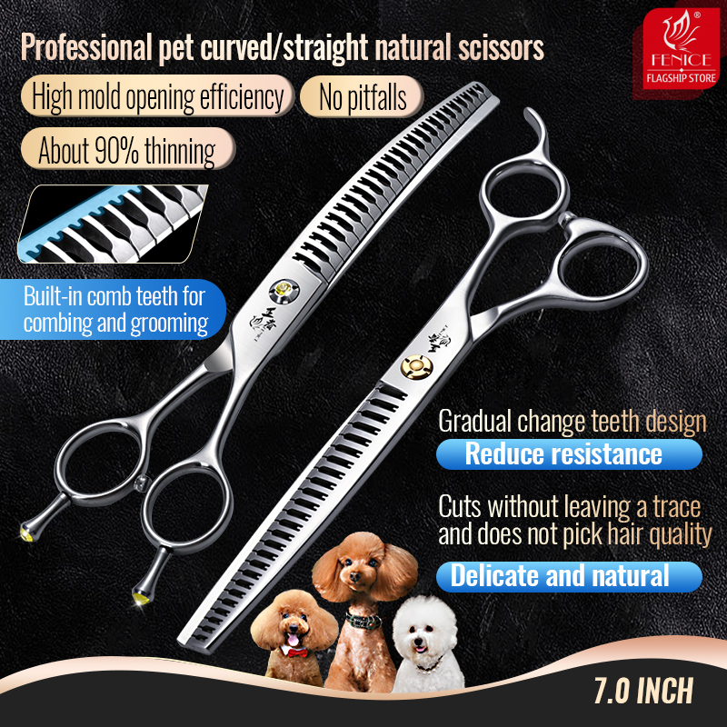Grooming Scissors - Fenice กรรไกร VG10ตัดขนสัตว์เลี้ยงแบบโค้ง/ตรงขนาด7นิ้วกรรไกรตัดขนสุนัขแบบมืออาชีพหวีสร้างขึ้นในอัตราการทำให้ผอมบาง90%