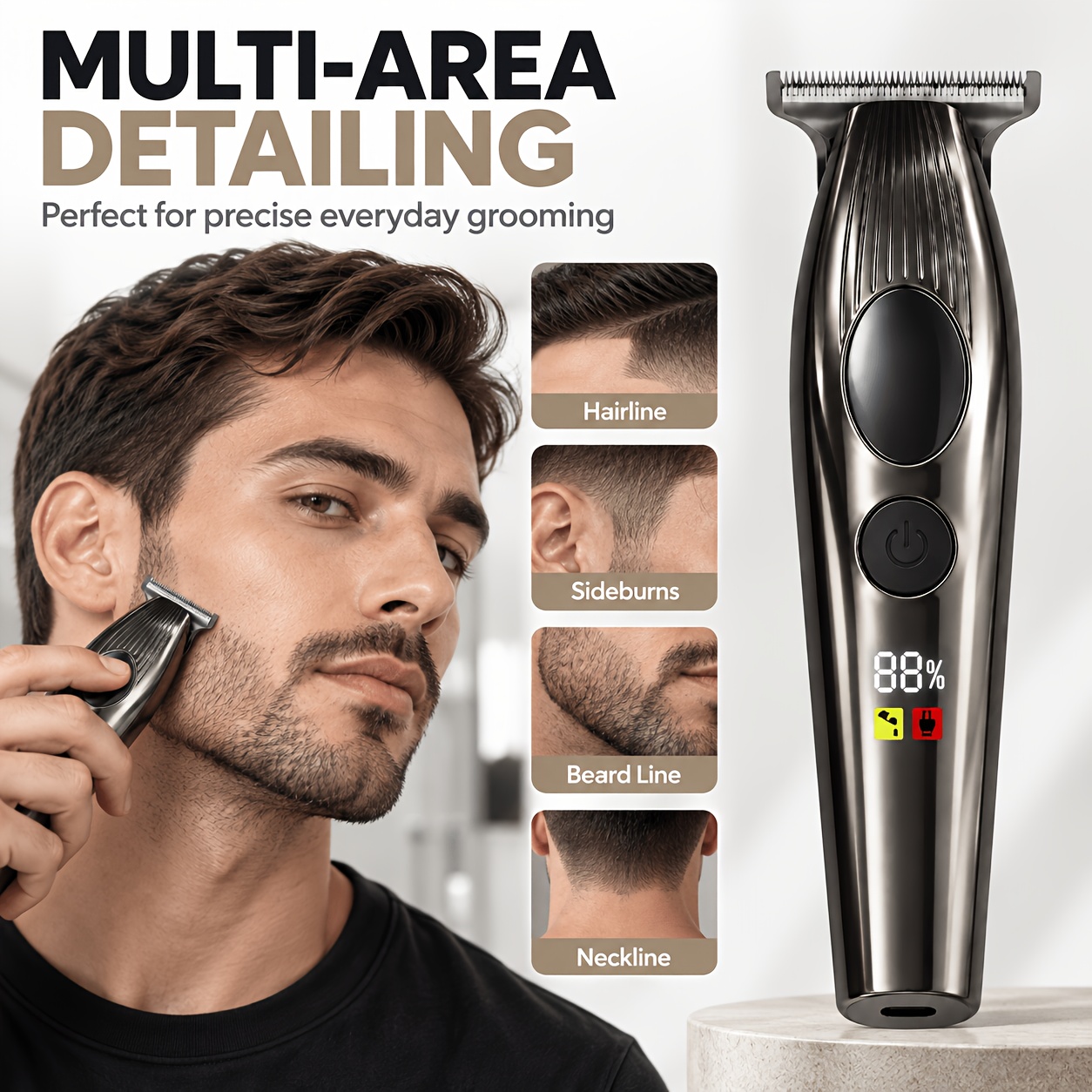 Grooming Kit - ปัตตาเลี่ยนไฟฟ้าสำหรับผู้ชายระดับพรีเมียม ดีไซน์ทันสมัย ตัวเครื่องชุบไฟฟ้าหรูหรา หน้าจอแสดงผลดิจิทัลความละเอียดสูง หวีรองตัด 4